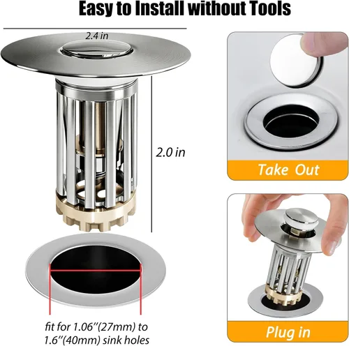 Vista 2 de Anlige Tapón de fregadero de baño desplegable 3 en 1, colador de drenaje para fregadero de baño, con cesta extraíble, cubierta universal para Níquel