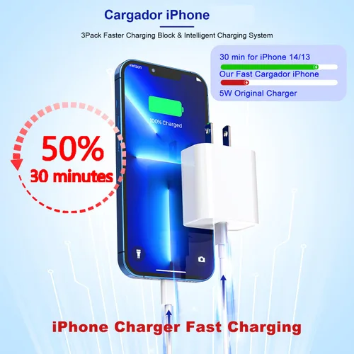 Vista 2 de Cable de carga rápida para iPhone [certificado MFi de Apple], paquete de 3 cables de carga de teléfono de 20 W, bloque de cargador USB C