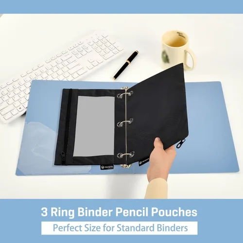 Vista 5 de Gredecor Estuche para lápices con 3 anillos con cremallera negra, paquete de 2 unidades, organizador de carpetas transparentes para ventana escolar