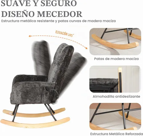 Vista 5 de Mecedora para habitación del bebé con bolsa de aire, silla mecedora de lectura para interiores, acogedoras sillas mecedoras tapizadas con respaldo