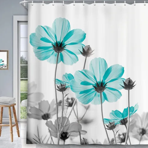 Vista 19 de MERCHR Cortina única floral azul para decoración de baño, cortina de ducha estilo granja con flores de margarita azul y gris elegantes y diseño