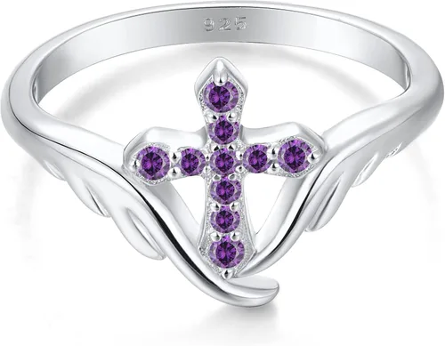Vista 13 de STARCHENIE Cross Ring 925 Sterling Silver Angel Wings Ring for Women Size 5-10 02-Amatista-Febrero