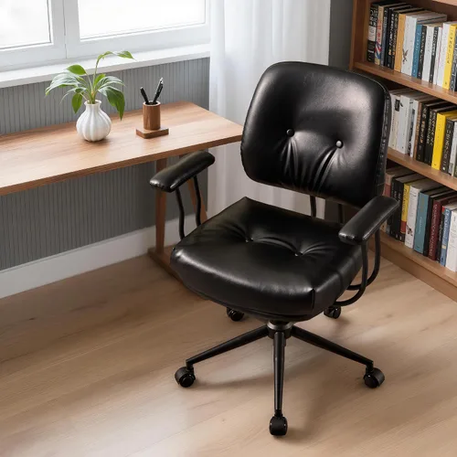 Vista 10 de Silla de oficina Mid Century Modren, silla ejecutiva giratoria con soporte lumbar, silla de escritorio ergonómica de respaldo medio con ruedas Beige