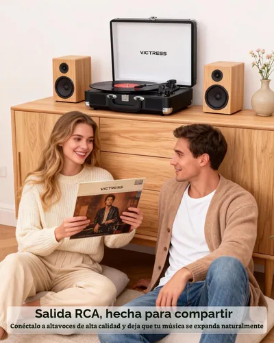 Vista 8 de Tocadiscos de vinilo con entrada y salida Bluetooth, tocadiscos portátil vintage de maleta, tocadiscos LP de 3 velocidades con conversión de vinilo