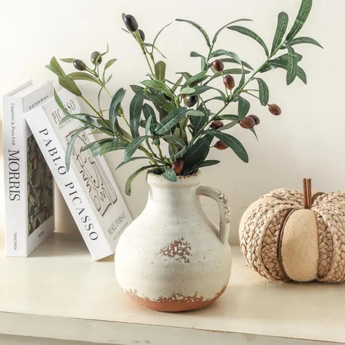 Vista 25 de Jarrón de cerámica de granja con 2 asas, jarrón decorativo boho para decoración del hogar, sala de estar, entrada, mesa, decoración de estante, 24 cm
