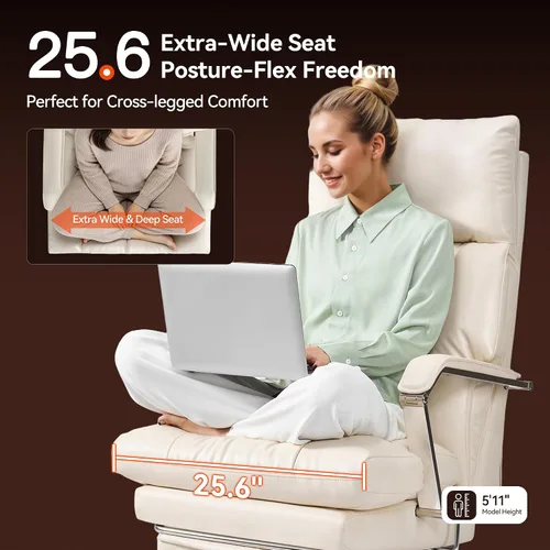 Vista 4 de OKUP M76 - Silla de oficina ejecutiva reclinable de 160° con reposapiés, silla de oficina de cuero con profundidad de asiento ajustable, cojín Crema