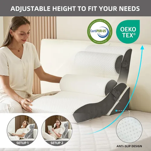 Vista 5 de Juego de 3 almohadas ortopédicas de cuña para cama, espuma viscoelástica 45D, almohada de cuña postcirugía para soporte de espalda, piernas