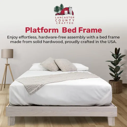 Vista 2 de Marco de cama de plataforma de madera maciza sin herramientas con listones, calidad fabricada en Pensilvania, Estados Unidos por artesanos