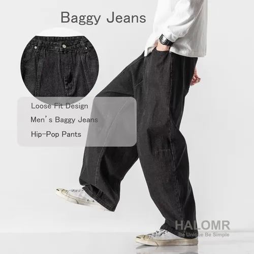 Vista 2 de Pantalones vaqueros de carpintero de ajuste relajado para hombre, pantalones de mezclilla de algodón anchos y grandes Hip Hop