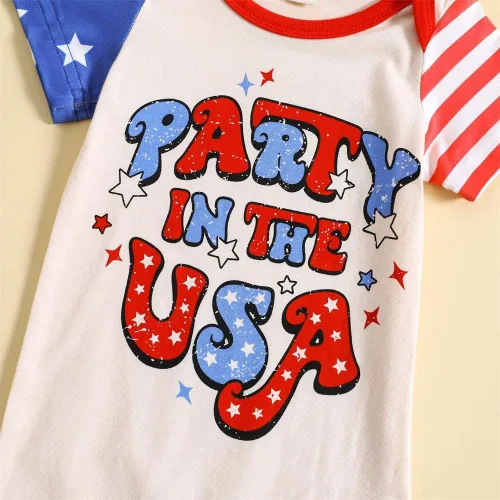 Vista 4 de GLIGLITTR Mameluco patriótico para bebés y niñas del 4 de julio con bandera estadounidense, mameluco para fiesta en los Estados Unidos