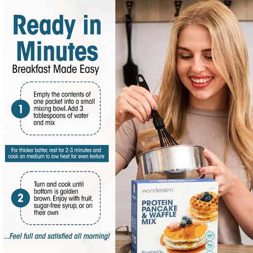 Vista 6 de Mezcla para panqueques y waffles de proteínas WonderSlim, sabor a arándano, baja en azúcar y calorías (7 unidades) High Protein Breakfast, 15g