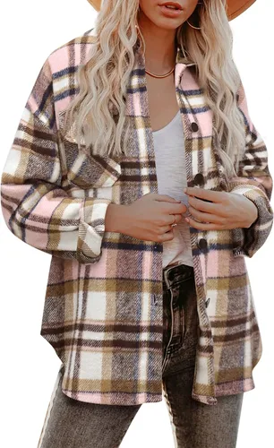 Vista 13 de Beaully Chaqueta-Camisa de Franela a Cuadros para Mujer, Trajes de Otoño 2025, Camisa de Manga Larga con Botones, Chaqueta Abrigo con Bolsillos Negro