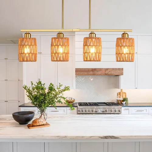 Vista 9 de Lámpara de isla de cocina de ratán, lámpara de araña rústica boho costera, lámpara colgante rústica bohemia de 4 luces para comedor, altura