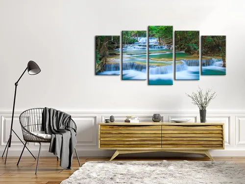 Vista 3 de Wieco Art Lienzo de cascada pacífica para pared, cuadros de árboles verdes para sala de estar, dormitorio, decoración del hogar, 5 piezas, estirado