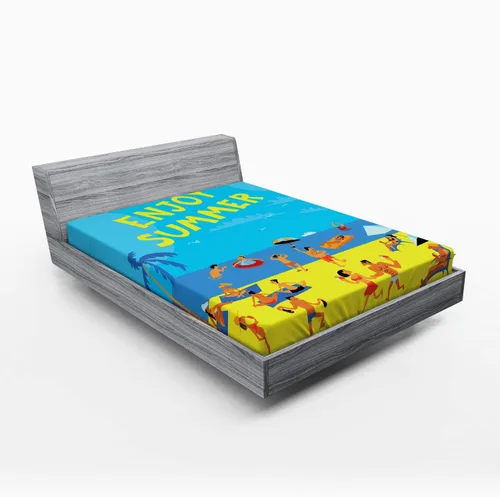 Vista 6 de Ambesonne Hello Summer 2 Pack Fitted Sheet, People Tropical Beach, Bed Cover All-Round Elastic Deep Pockets 2 Pieces, Package Contains 2 Full