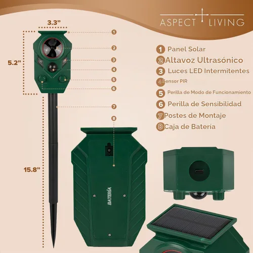 Vista 2 de Repelente animal ultrasónico solar al aire libre, sensor de movimiento