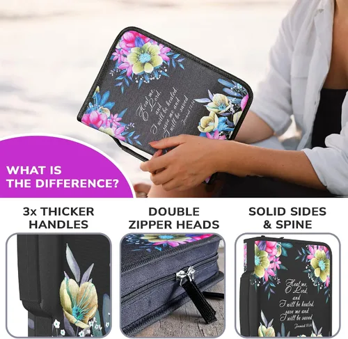 Vista 13 de DEHITE Funda para la Biblia para mujer, fundas de tela prémium para la Biblia para niñas, bolsa de transporte para mujer, ranuras para bolígrafos