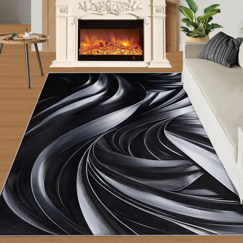Vista 3 de Alfombras onduladas negras y blancas para dormitorio, alfombra de área abstracta, alfombras geométricas para sala de estar, alfombra antideslizante
