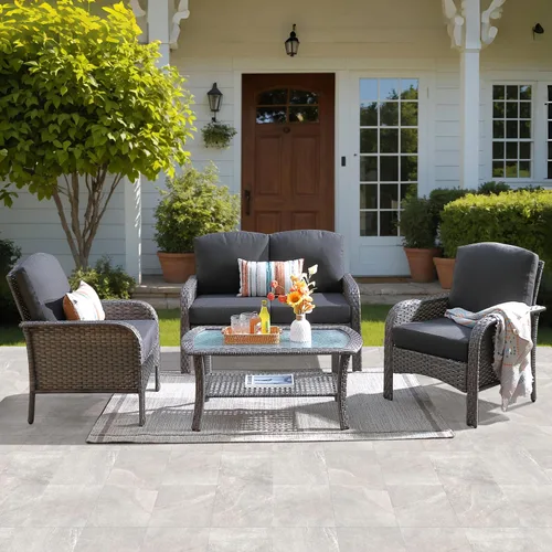 Vista 47 de ovios - Juego de muebles de patio de 2 piezas, sofá de mimbre para exteriores con sillas, silla de ratán con respaldo alto con cómodos cojines