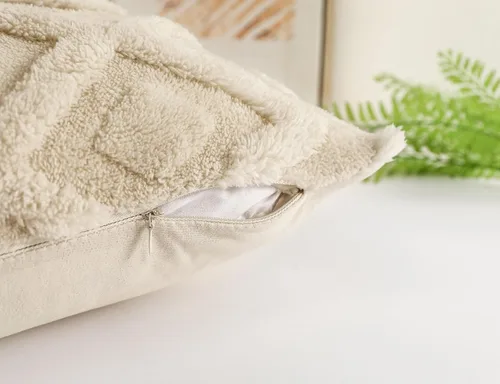 Vista 5 de Juego de 2 fundas de almohada de piel sintética beige de 16x16, funda de almohada decorativa de cuadros suave estilo boho para sofá, cama, sala