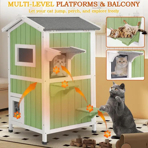 Vista 6 de PetsCosset Casa Aislada para Gatos de Exterior Resistente a la Intemperie con Aislamiento Integral de Dos Pisos de Madera Refugio para Gatos Ferales