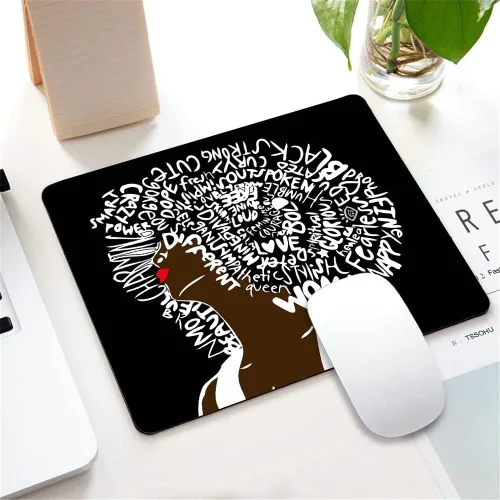 Vista 5 de Alfombrilla de mouse para mujer afroamericana, arte africano con cita para mujer, alfombrilla de mouse lavable con tela de licra, base de goma