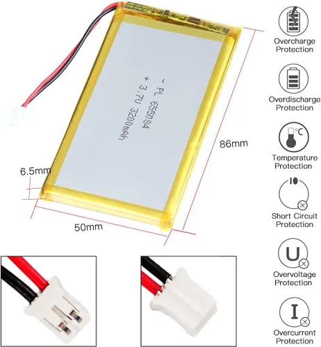 Vista 2 de 3.7V 3200mAh 655084 batería de iones de polímero de litio batería recargable Lipo con conector de paso de PH 0.079 in
