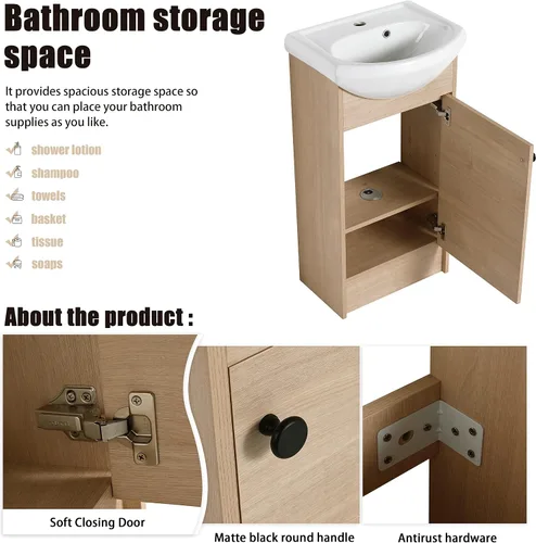 Vista 5 de BN-022 - Tocador de baño de 18 pulgadas con lavabo, tocador independiente de 18 pulgadas con puerta de cierre suave para espacios pequeños, moderno