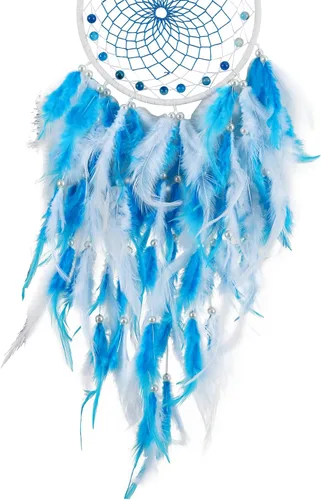 Vista 7 de Blue Dream Catchers - Plumas de pollo con perla de cristal, atrapasueños hecho a mano para dormitorio, atrapasueños para niñas, atrapasueños