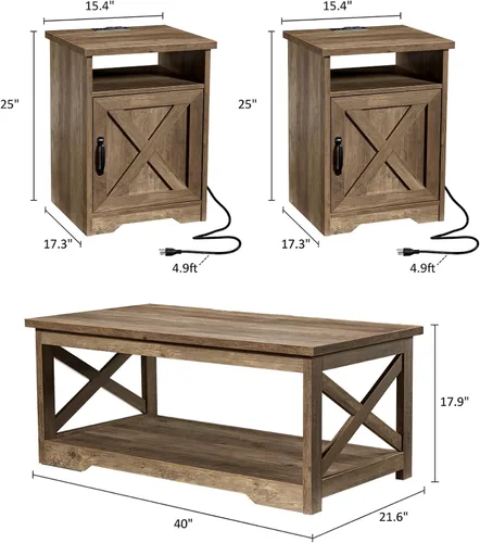 Vista 2 de AMERLIFE - Juego de mesa auxiliar de 3 piezas para sala de estar, madera de granero Barnwood