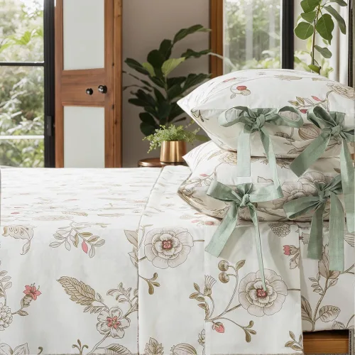 Vista 23 de FADFAY Juego de sábanas tamaño King, sábanas de algodón percal rosa floral con bolsillo profundo, ropa de cama vintage lujosa azul con estampado