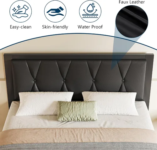 Vista 4 de GalnFu Base de cama de tamaño matrimonial con cabecera capitoné con botones, plataforma tapizada de piel sintética, marco de cama de metal