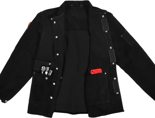 Vista 2 de Chaqueta de soldadura de cuero negro, chaquetas de seguridad de trabajo de cuero de vacuno dividido FR resistente, chaquetas de soldador