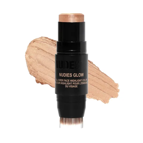 Vista 10 de Nudestix Nudies Glow - Resaltador en crema multiusos para mejillas, ojos y cuerpo con cepillo integrado, acabado radiante, maquillaje limpio, vegano