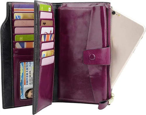 Vista 15 de Cartera plegable de cuero de gran capacidad con bloqueo RFID para mujer