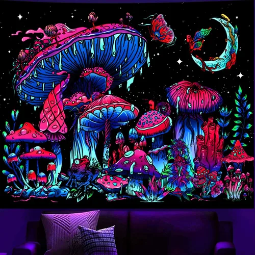 Vista 2 de TUGCAY Tapiz de hongos con luz negra, que brilla en la oscuridad, tapiz de plantas con luz negra, fantasía, hongo, mariposa, luna, reactivo a