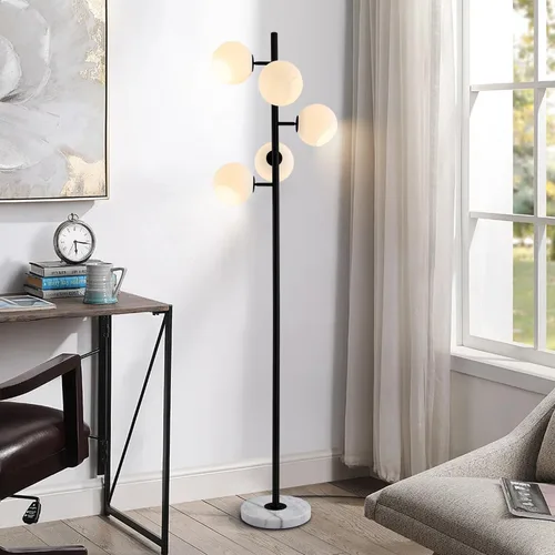 Vista 5 de KCO Lighting Five Globe - Lámpara de pie moderna de mediados de siglo, pantalla de vidrio de leche, acabado negro, base de mármol para sala de estar