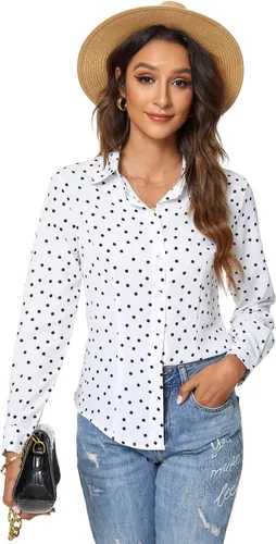 Vista 20 de Atnlewhi - Camisa de trabajo clásica con botones, manga larga, elástica, formal y casual para mujer