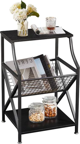 Vista 8 de VECELO Mesita de noche de 3 niveles con soporte para revistas en forma de V, mesita de noche pequeña con estante de almacenamiento abierto para sala