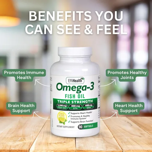 Vista 5 de EffiHealth - Aceite de pescado Omega-3 - Aceite de pescado de triple fuerza de 2500 mg, 1200 mg de EPA, 600 mg de DHA - Apoya la salud del corazón