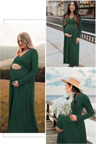 Vista 2 de OUGES Vestido largo de manga larga con cuello en V para mujer, con bolsillos, ropa de maternidad, vestidos de lactancia