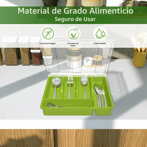 Vista 3 de Soporte para utensilios para encimera con tapa, bandeja de cubiertos de plástico para cajón (verde)