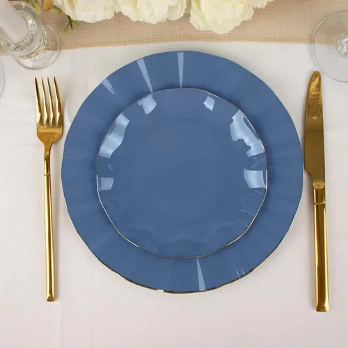 Vista 196 de Tableclothsfactory Paquete de 10 platos redondos de plástico negro de 6 pulgadas para ensalada de postre, platos desechables con borde ondulado