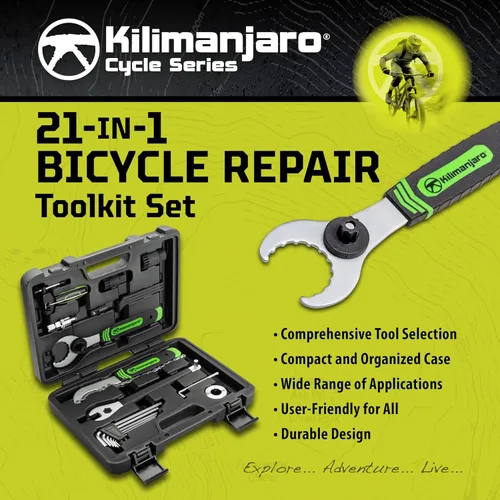 Vista 2 de Kilimanjaro Cycle Series - Juego de herramientas de reparación de bicicletas de 21 piezas, llave de radios, palancas de neumáticos, llaves