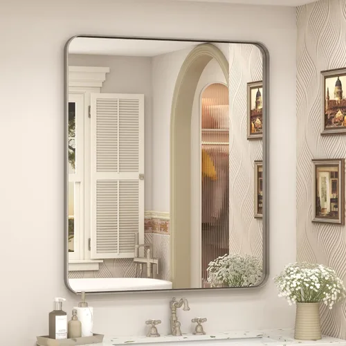 Vista 75 de Paquete de 2 espejos de baño con marco de metal negro de 22 x 30 pulgadas, espejo rectangular redondeado negro mate, antioxidante, se cuelga