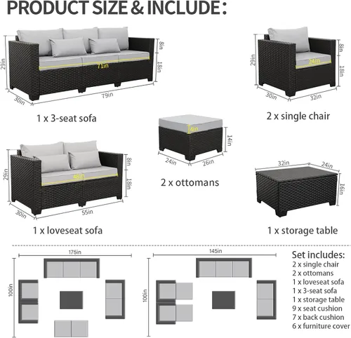 Vista 8 de Juego de muebles de patio, 7 piezas, muebles de exterior, juego de sofás seccionales de patio con mesa de almacenamiento, cojines gris claro