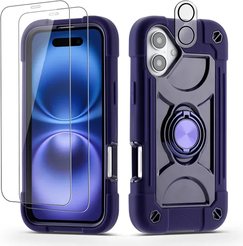 Vista 112 de Funda para iPhone 11 de 6.1 pulgadas con soporte de anillo, con 2 protectores de pantalla de vidrio, resistente a los golpes, resistente a