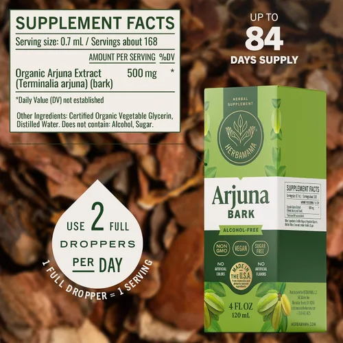 Vista 3 de HERBAMAMA Arjuna Tincture - Soporte antioxidante vegano con gotas de extracto de corteza de Arjuna Terminalia - Suplemento líquido sin OMG, sin