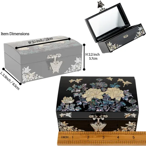 Vista 7 de Joyero de nácar Recuerdo lacado negro con diseño floral y de mariposa, interior y espejo de terciopelo rojo Regalo romántico del día de San