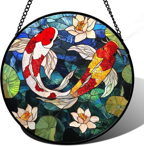 Vista 14 de Atrapasoles de Vidrio Manchado para Colgar en Ventanas, Koi y Loto para Puerta, Decoración del Hogar, Atrapasoles de Pescado, Regalos de Navidad